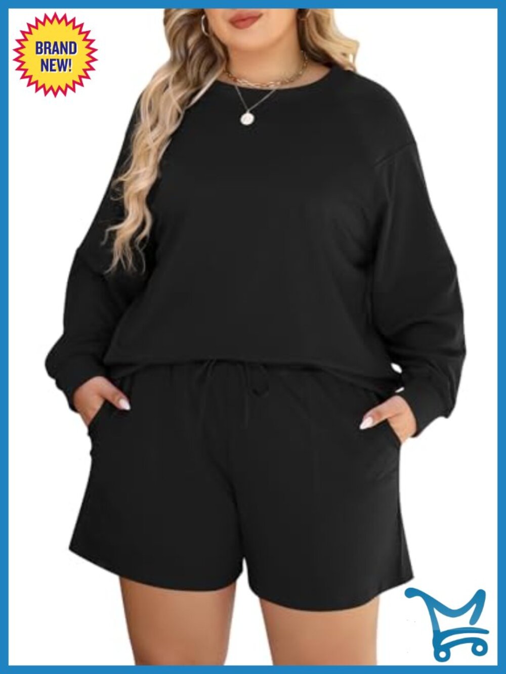 Plus Size 2 Piece Lounge Set Long Sleeve Top Drawstring Shorts Casual Outfit
